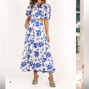 Petal & Pup White Maxi Dress with Blue Floral Print